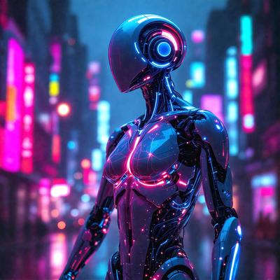 The primary subject of the image is a futuristic robot with a glowing blue and pink body. The robot is standing in a city street at night, surrounded by colorful lights. The setting includes buildings and a cityscape in the background. The visual style of the image is a combination of photo and digital art, creating a unique and captivating scene. The colors and mood of the image are vibrant and energetic, with the blue and pink glow of the robot contrasting against the bright